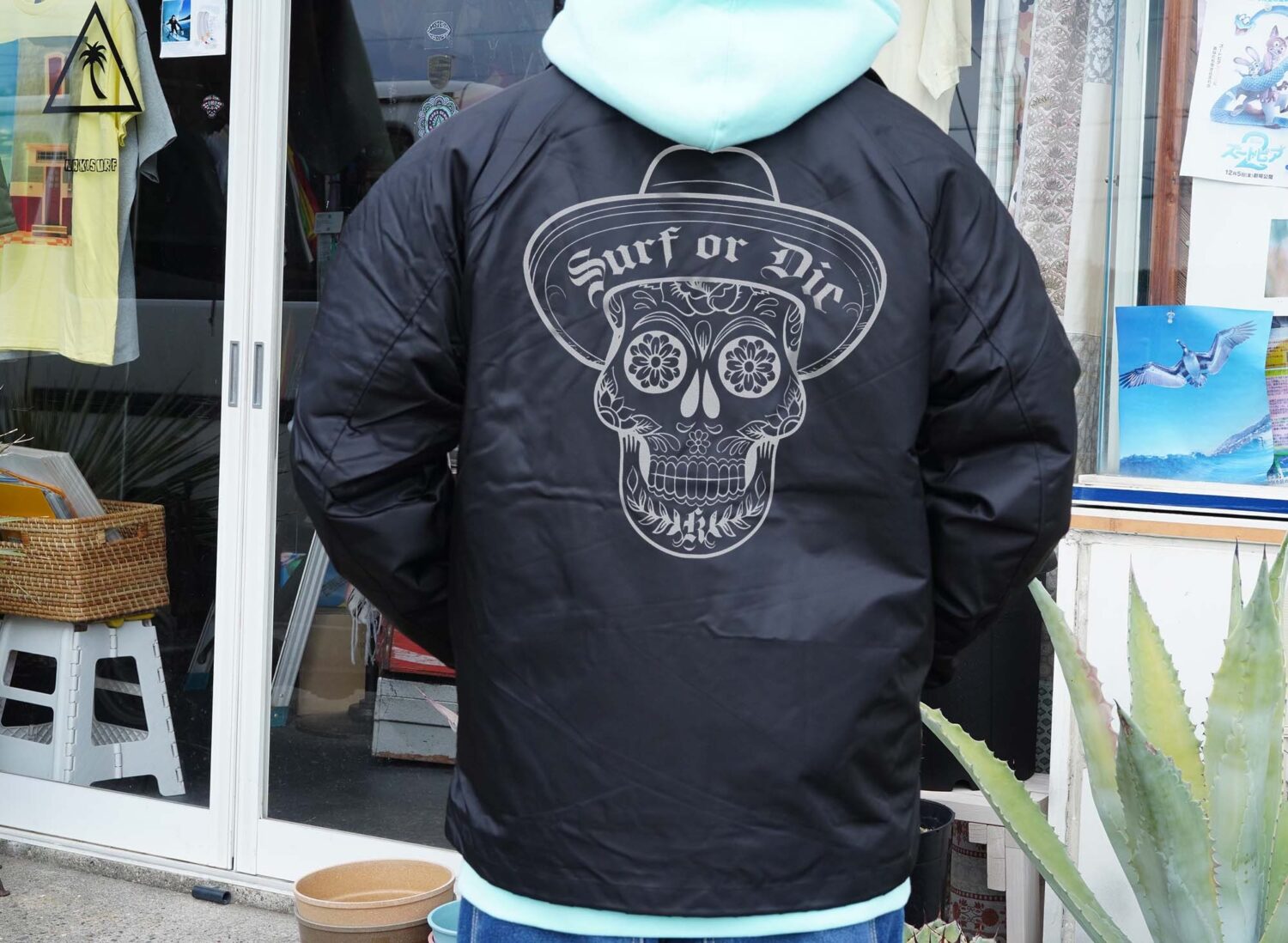 【Surf or Die Mexican Skull】コーチジャケット(中ボア付き)シルクスクリーン&刺繍 - 画像 (3)