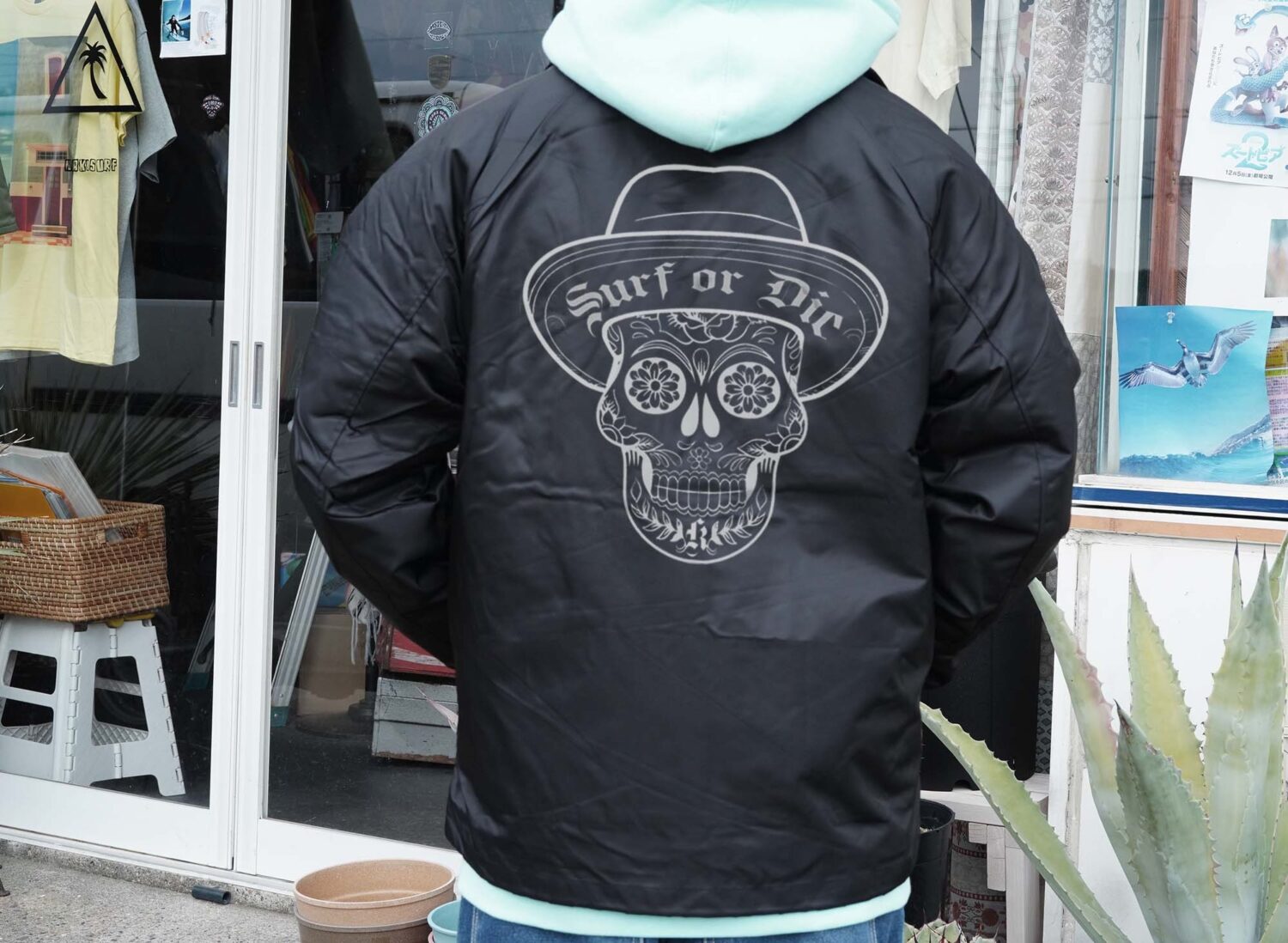 【Surf or Die Mexican Skull】コーチジャケット(中ボア付き)シルクスクリーン&刺繍